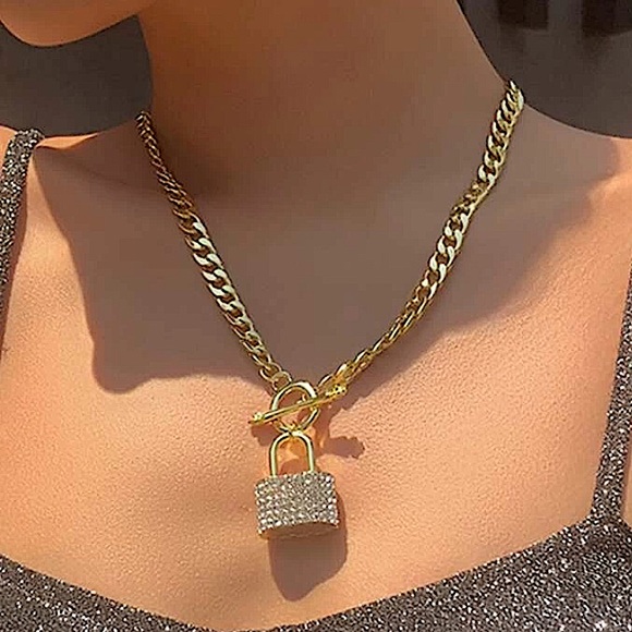 Gold Lock Rhinestone Chain Link Toggle Necklace - Picture 4 of 10